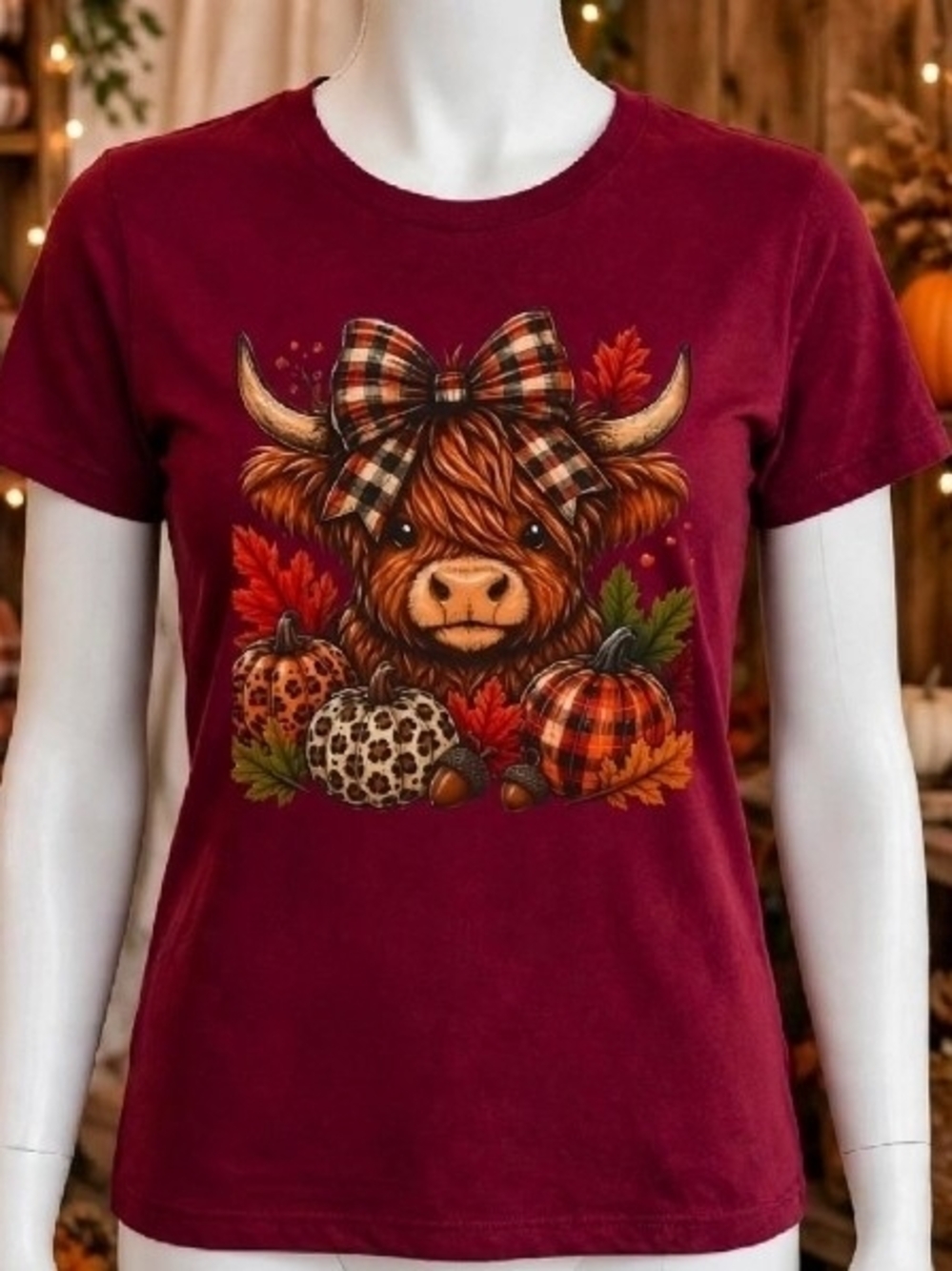 Maroon Cow Fall Print Plaid/leopard Highland Cow Shirt M&L NWT
